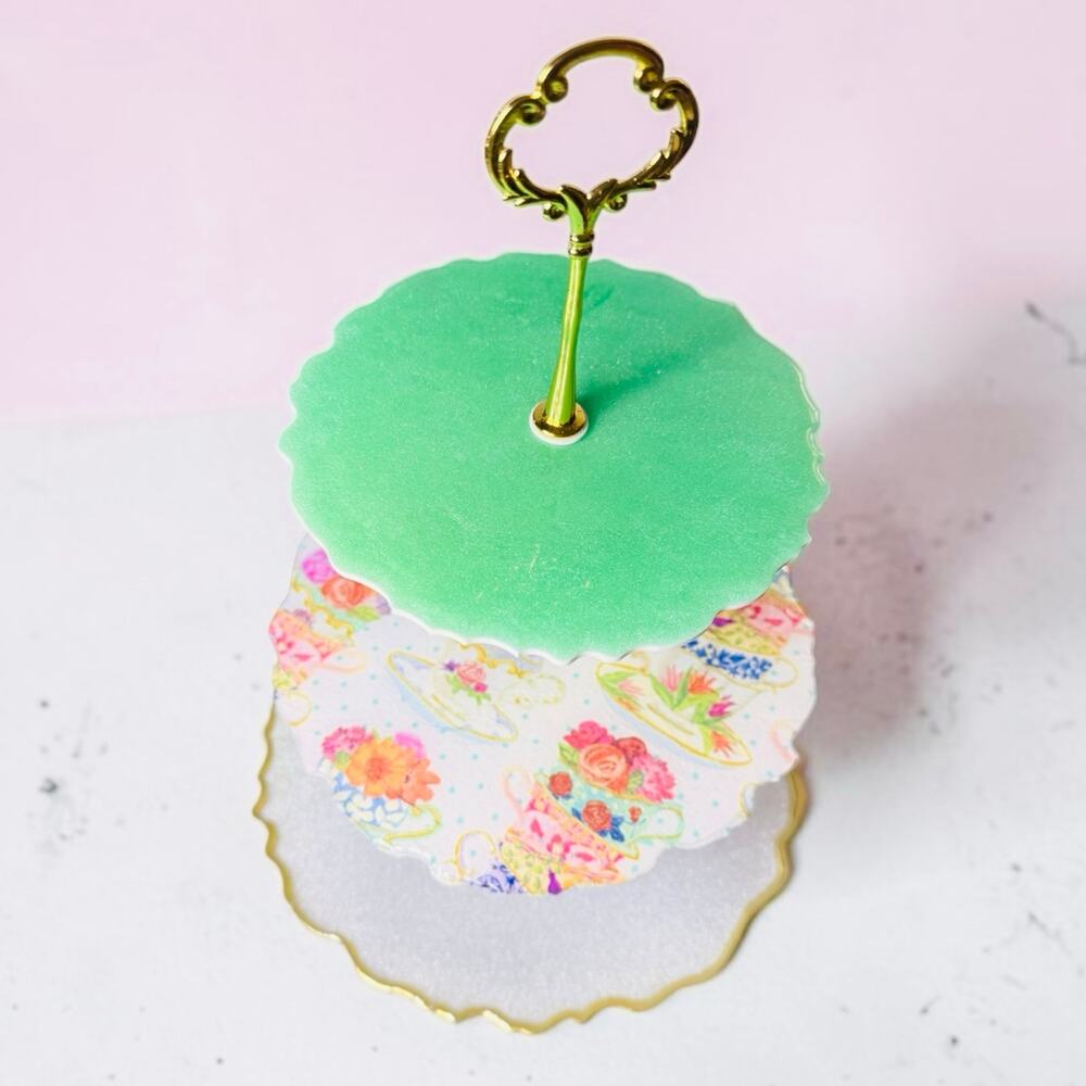 Handmade 3 Tier Resin Tea Party Tray | Floral Dessert Stand | Gold Handle Decor